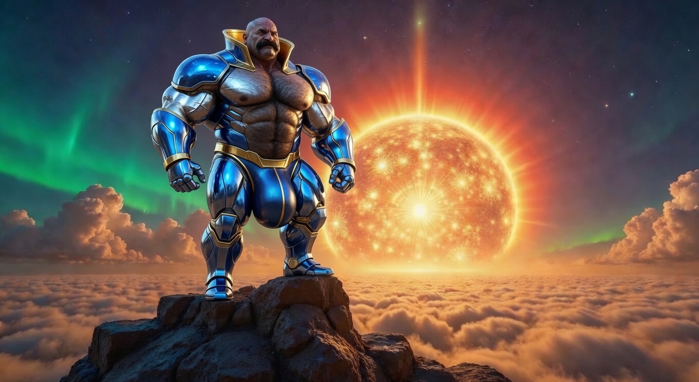 blue-silver-gold plate / cosmic sun + aurora cliff