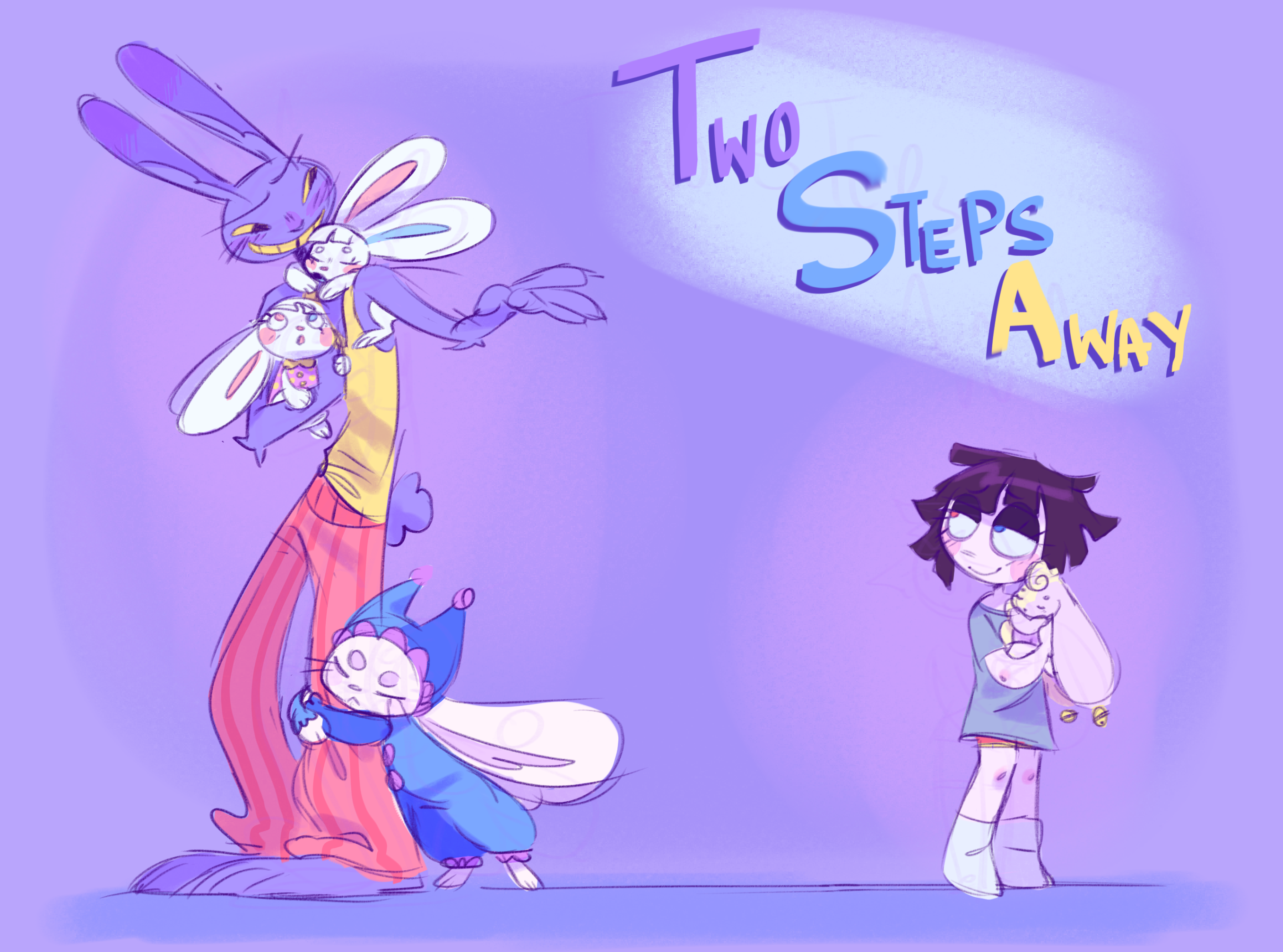 a sketchy illustration of Pomni (tadc) and Jax (tadc) with three little bunny children and the title of the story.