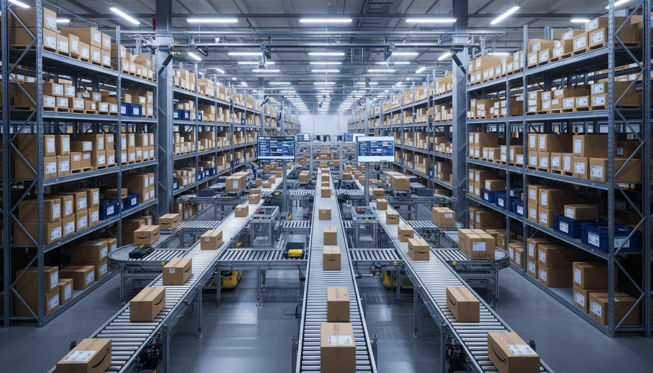 Modern warehouse fulfillment center met geautomatiseerde systemen voor e-commerce logistiek