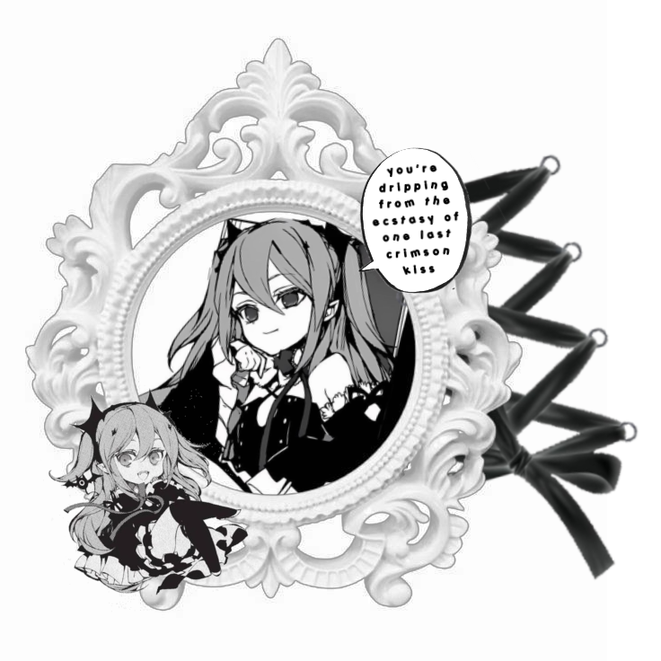 Krul Tepes from Owari no Seraph in the manga, within a white decorative frame, with a chibi manga her in the left corner and a manga chatbox saying "you're dripping from the ecstasy of one last crimson kiss" in the top right corner, and black lace next to but behind the frame.