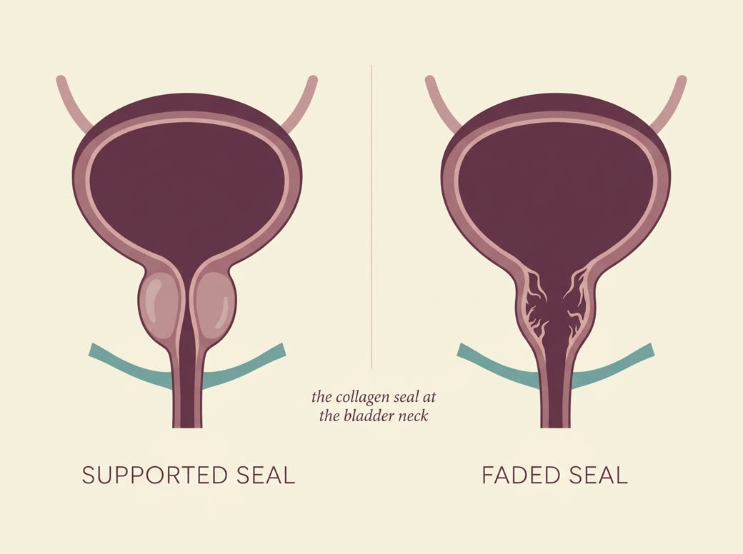Illustration of the collagen seal at the bladder neck, supported versus faded