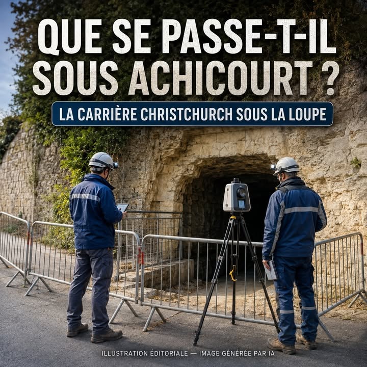 Deux travailleurs en casque observent une entrée de carrière avec un instrument de mesure sur trépied, derrière des barrières métalliques.