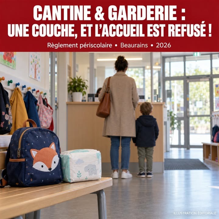 Un sac à dos renard et une serviette posés sur un banc, avec une femme et un enfant devant un comptoir.