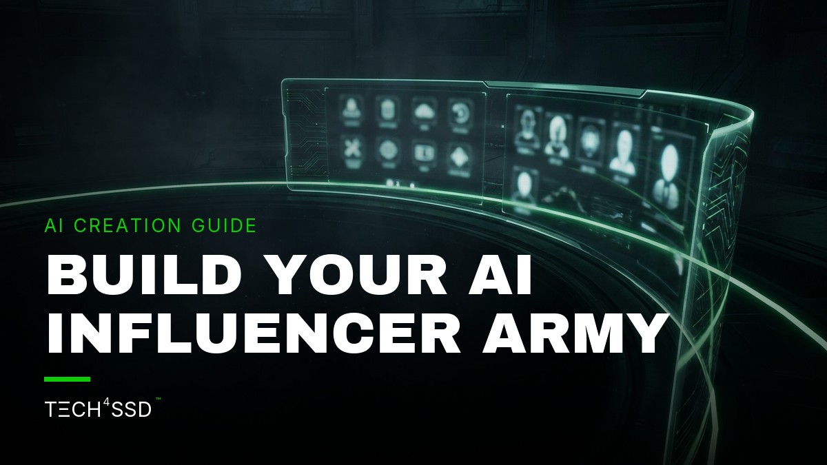 Futuristic digital interface displaying AI influencer profiles, dark and moody with subtle neon-green lighting, empty space lower-left, for creating AI influencers.