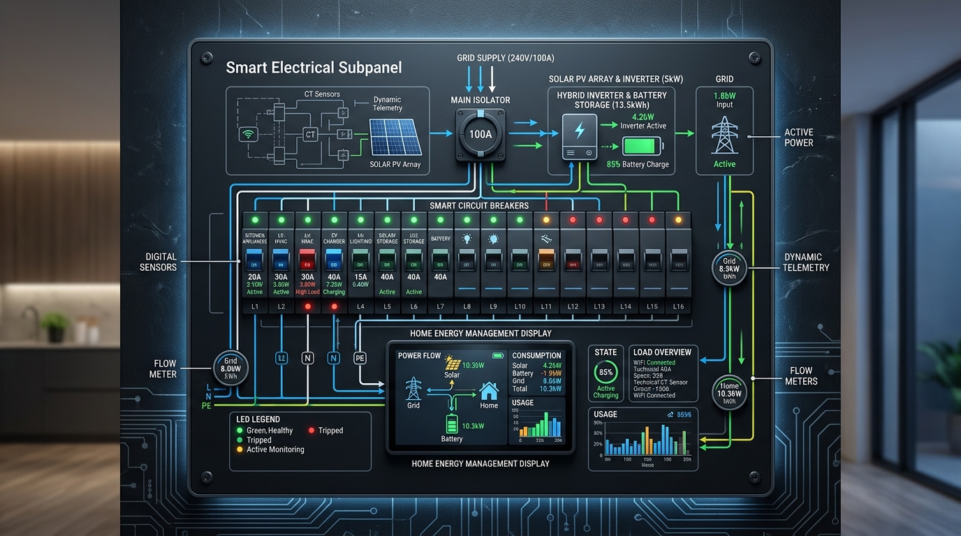Smart Energy Management System and Critical Load Subpanel with dynamic solar battery load shedding and real-time power monitoring meters