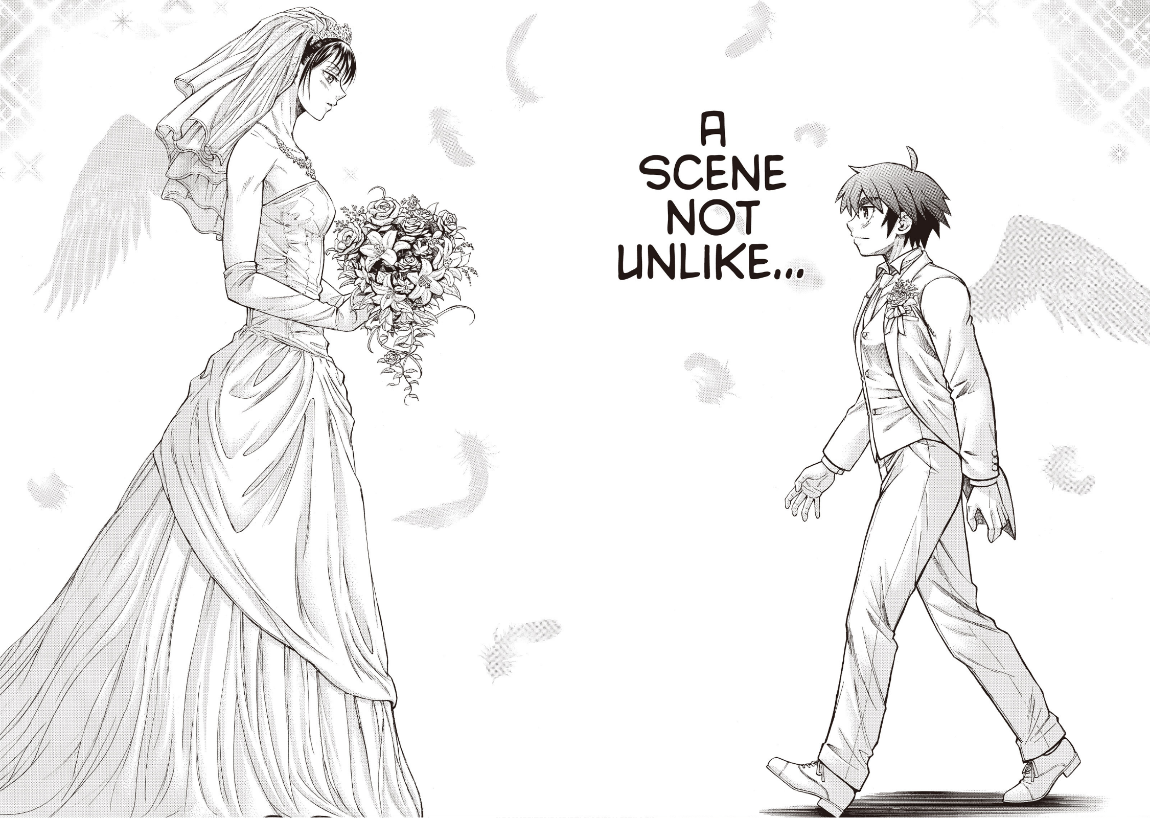 Narration over Natsuo wearing a bridal gown and carrying a bouquet, Yuzuko wearing a white tuxedo: A scene not unlike...