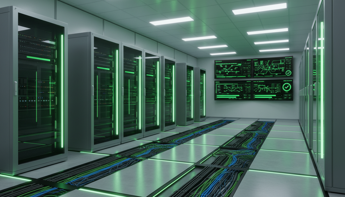 Moderne serverruimte met monitoring dashboards die succesvolle data synchronisatie tonen