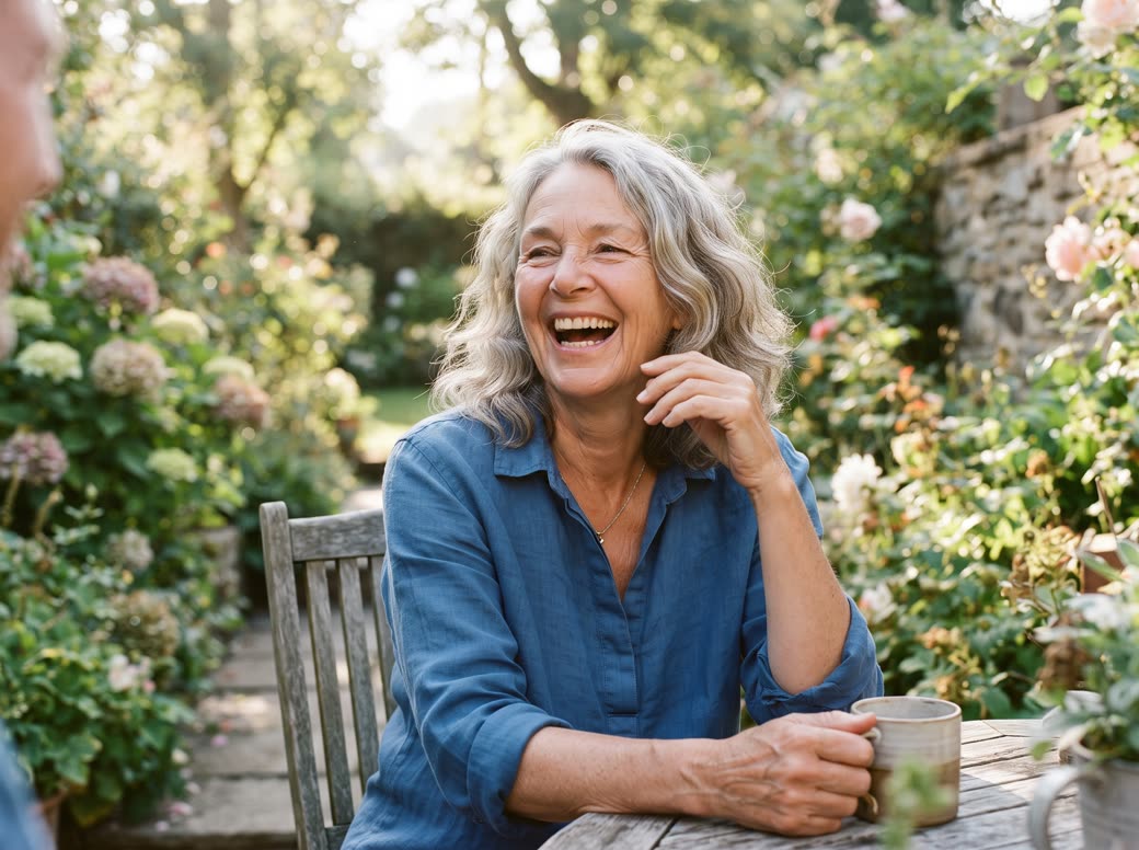 A woman laughing freely and relaxed in a garden