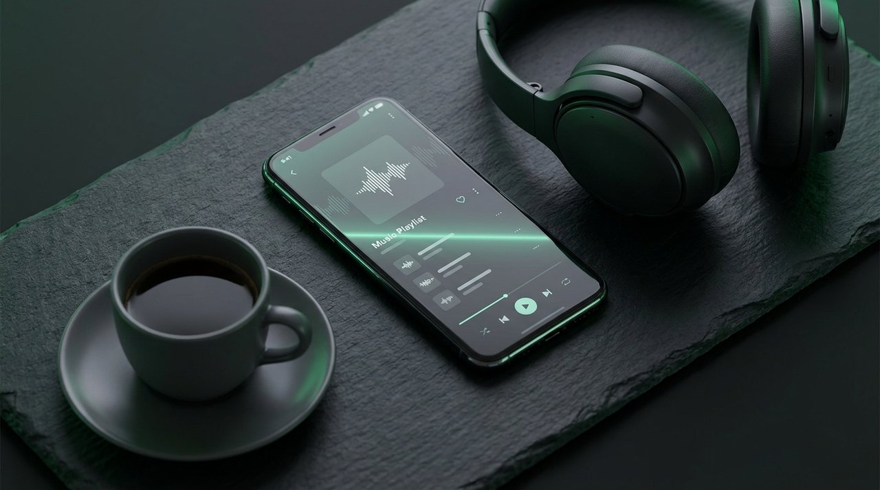 A phone showing a music playlist with a green scanning line sweeping across it