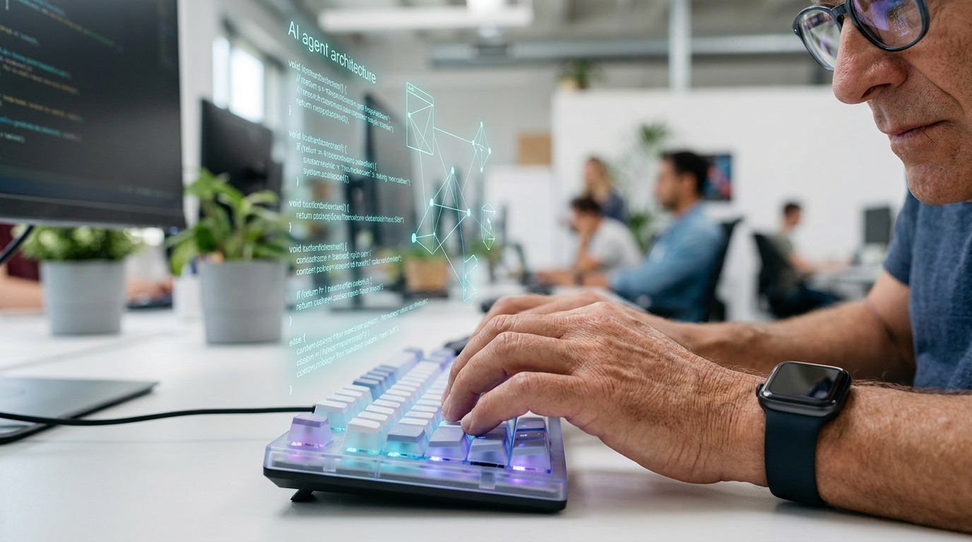 A developer's hands interacting with advanced AI tools and code at Google DevFest 2026, building agentic AI applications.