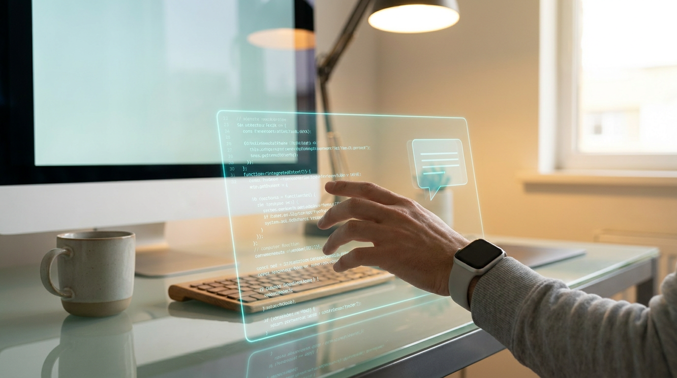 Hand interacting with a holographic interface showing GLM-5.2 chatbot and code, demonstrating easy access and integration.