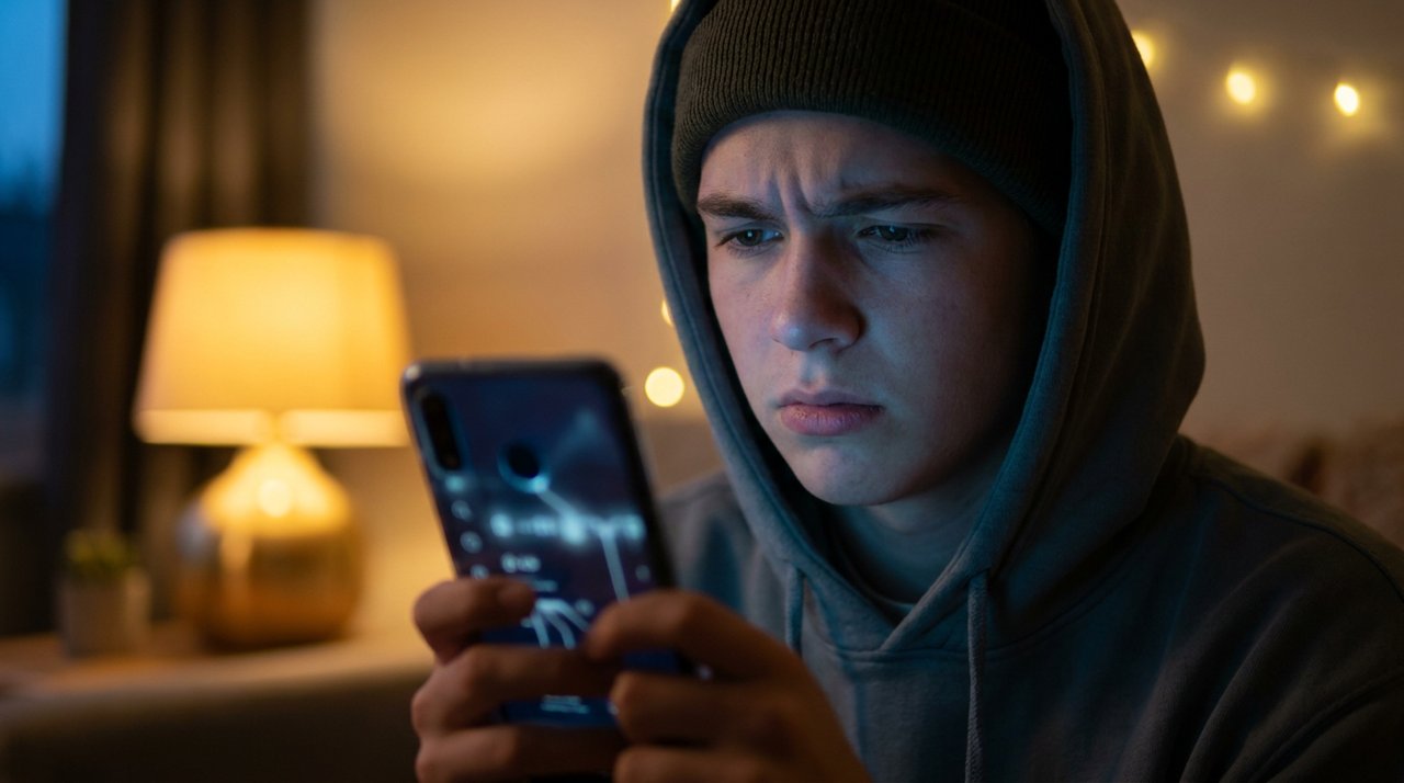 A person looking mildly frustrated at a glowing phone showing a usage limit interface