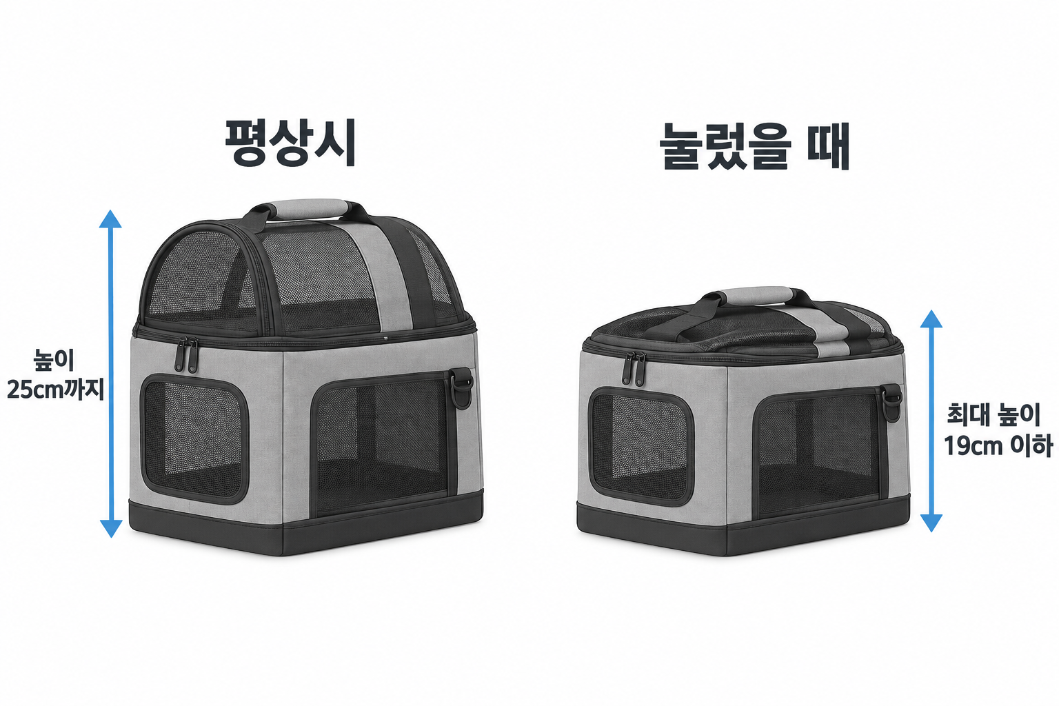 소프트 용기 높이 25cm까지와 눌렀을 때 최대 높이 19cm 이하를 구분한 설명 도식