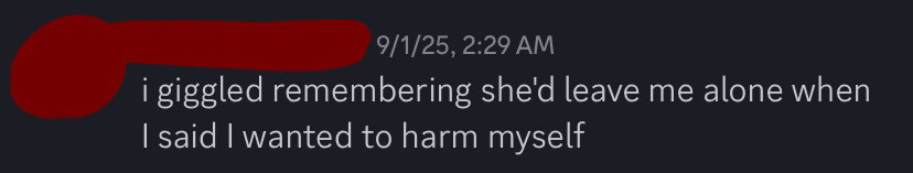 chem recalling the times when he admitted to melody that he wanted to harm himself, as he has had an issue with self harm for quite a while, especially during a specific few months of being part of the friend group, and melody would commonly leave him alone to himself, instead of helping like any other person would. however she fully expects other people to be there for her all the time when she is just a little upset