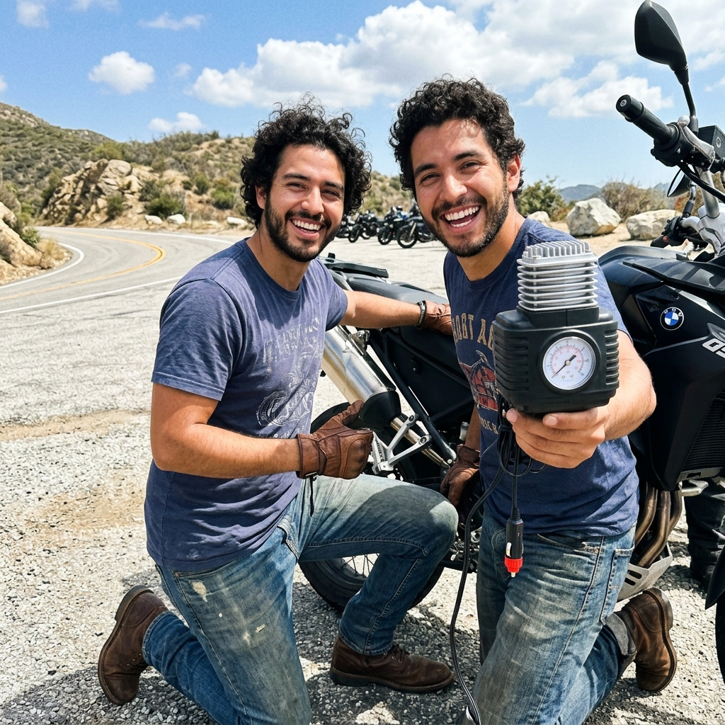 Carlos con moto y compresor