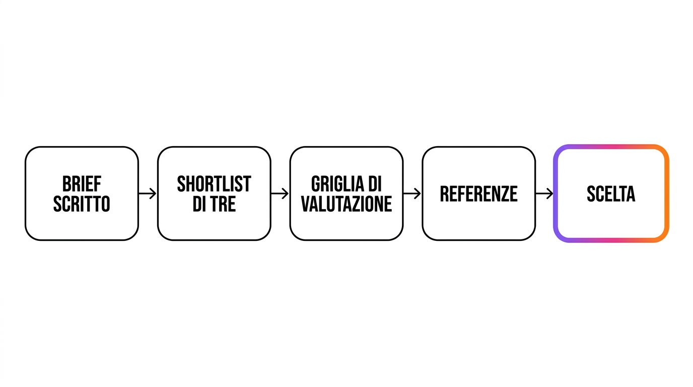 Il processo di selezione di un'agenzia di marketing in cinque passaggi: brief scritto, shortlist di tre, griglia di valutazione, referenze, scelta