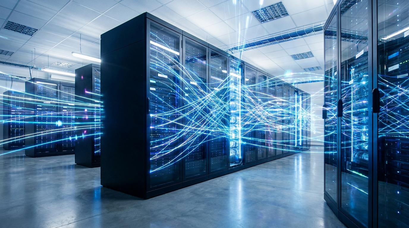 Distributed computing network visualizing Olmo-Core 3's efficient MoE model training
