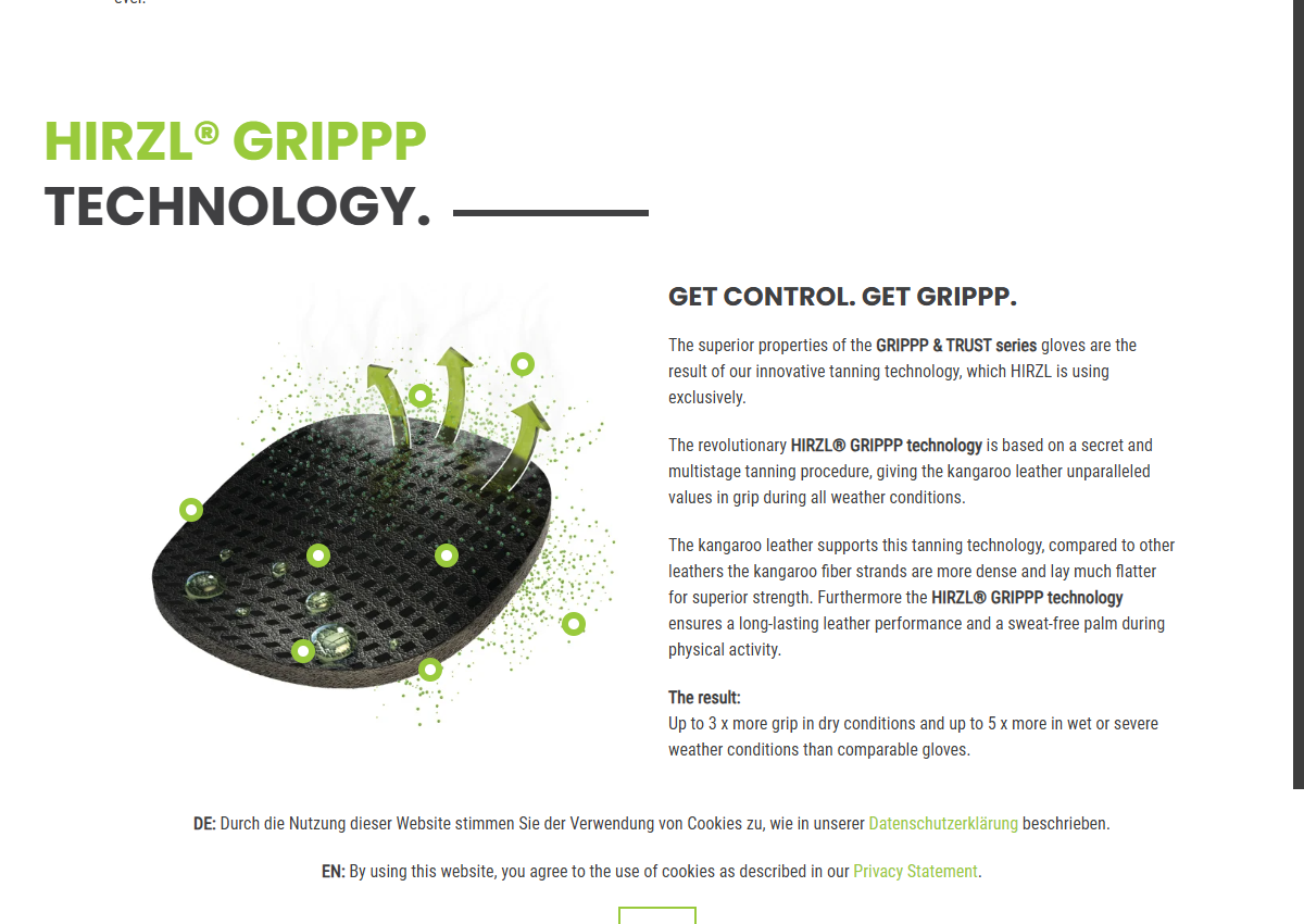 HIRZL GRIPPP의 캥거루 가죽과 특수 처리 기술을 설명하는 공개 원문