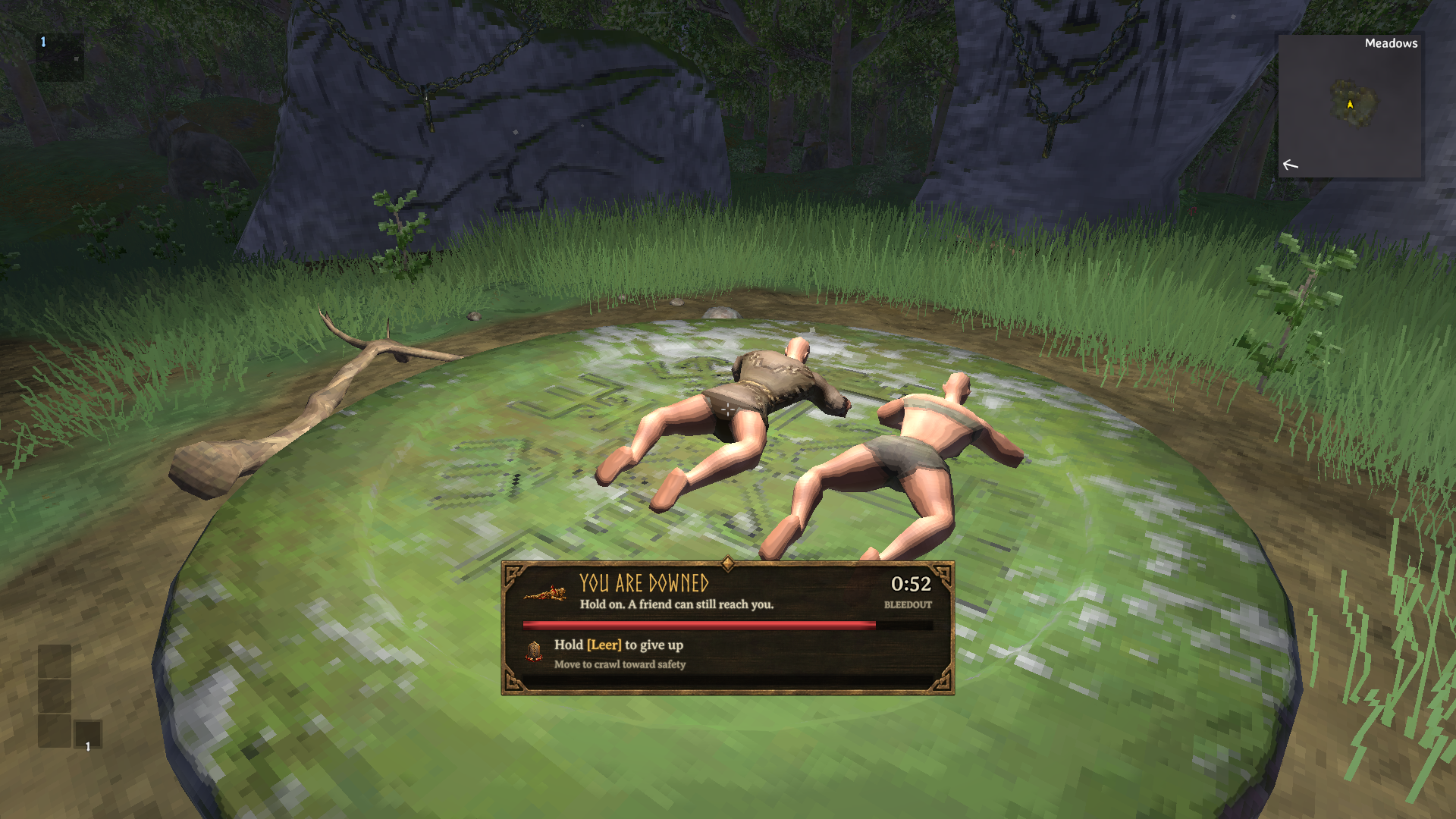 Downed player with Valheim-style rescue HUD