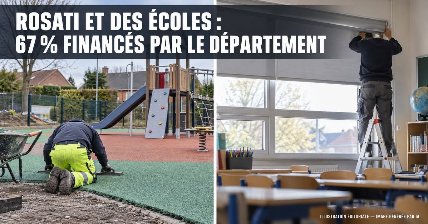 Un travailleur pose un sol synthétique sur un terrain de jeux d'école, tandis qu'un autre monte une échelle pour installer un store dans une classe.
