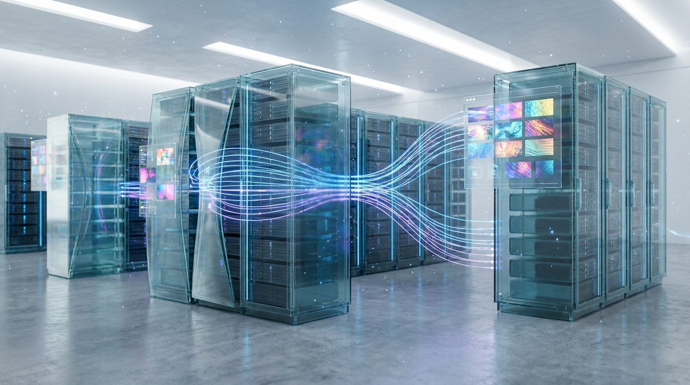 Abstract digital storage system with glowing data streams, illustrating the media storage needs for AI content creation.