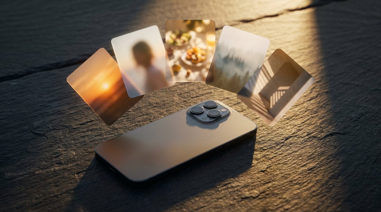 iPhone surrounded by floating photo thumbnails — sunset, portrait, food, landscape