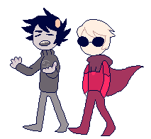 gif of karkat vantas, a homestuck character, walking beside dave strider, another homestuck character