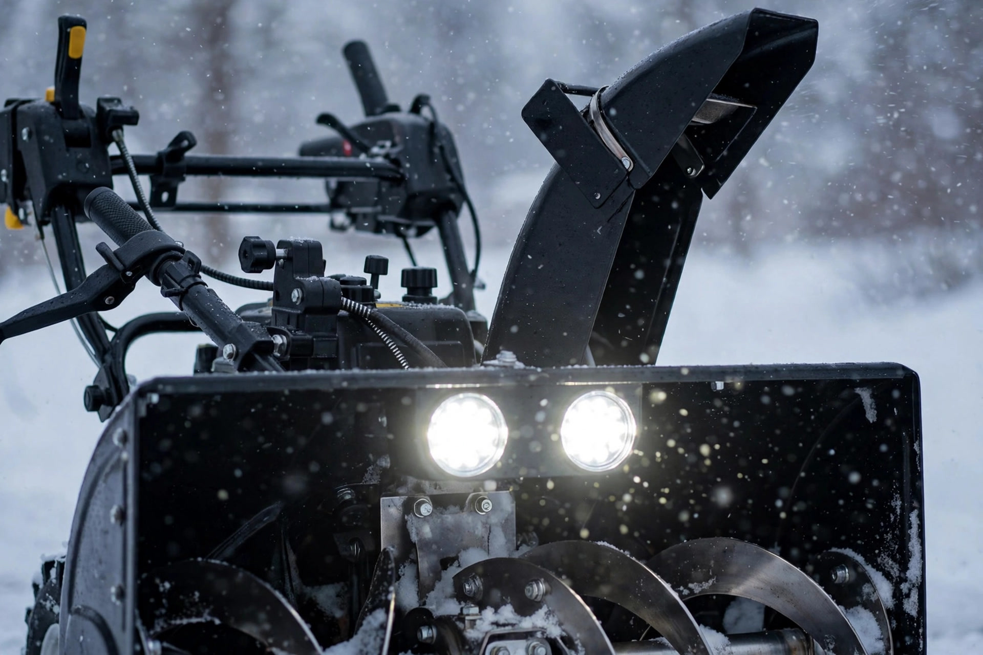 Close-up of the EGO SNT2405 discharge chute, handlebar controls, and glowing LED headlights