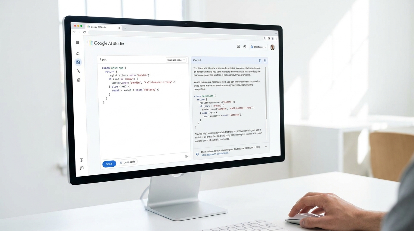 Screenshot of Google AI Studio interface for AI prototyping, showing text input and AI response in a web browser.
