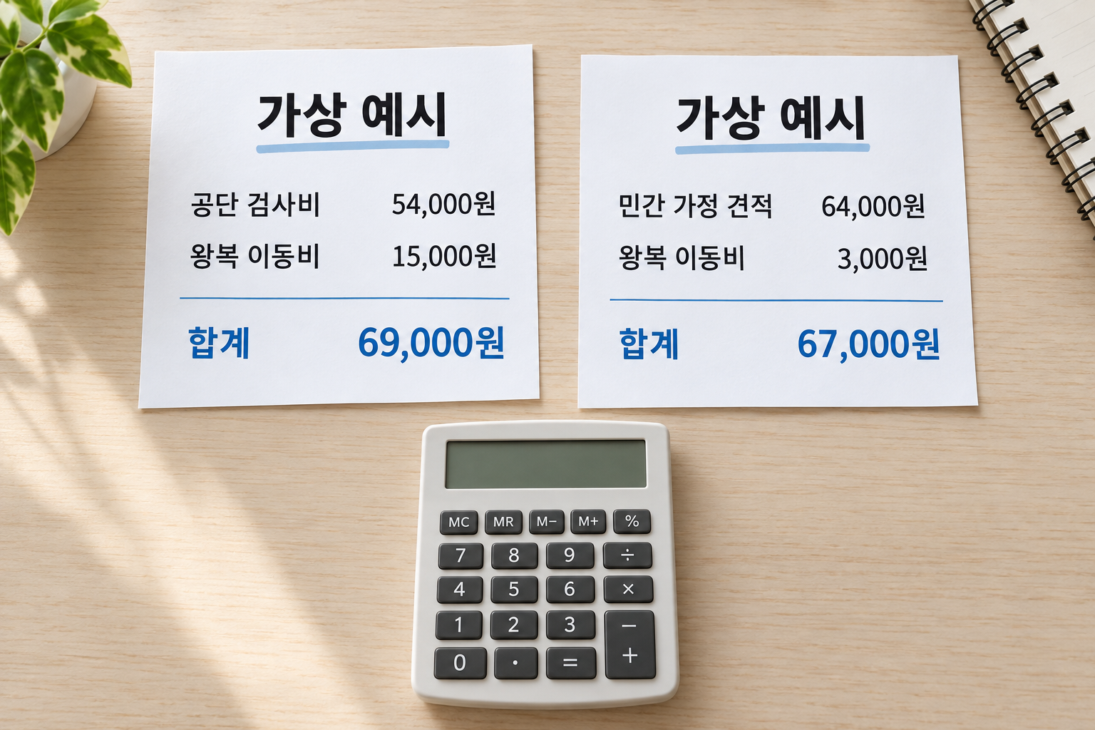 가상 예시의 공단 총지출 69,000원과 민간 총지출 67,000원 계산
