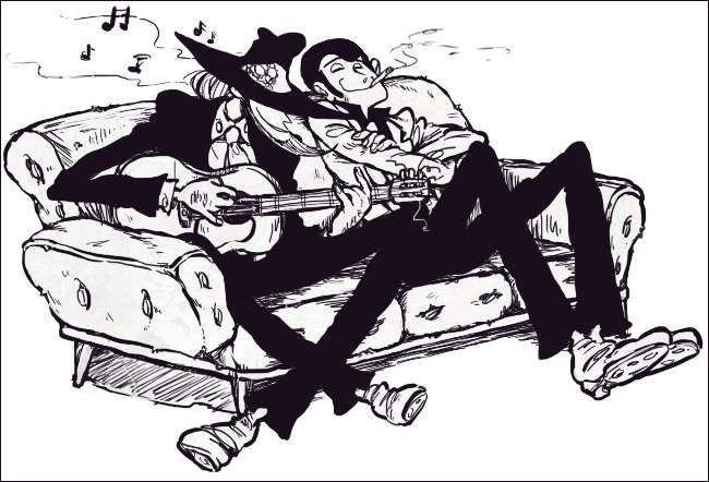 official art of Jigen Daisuke and Lupin the Third sitting in a couch. Jigen is smiling while he plays the guitar, and Lupin is sitting with his arms crossed and his eyes closed, listening, as he smokes.