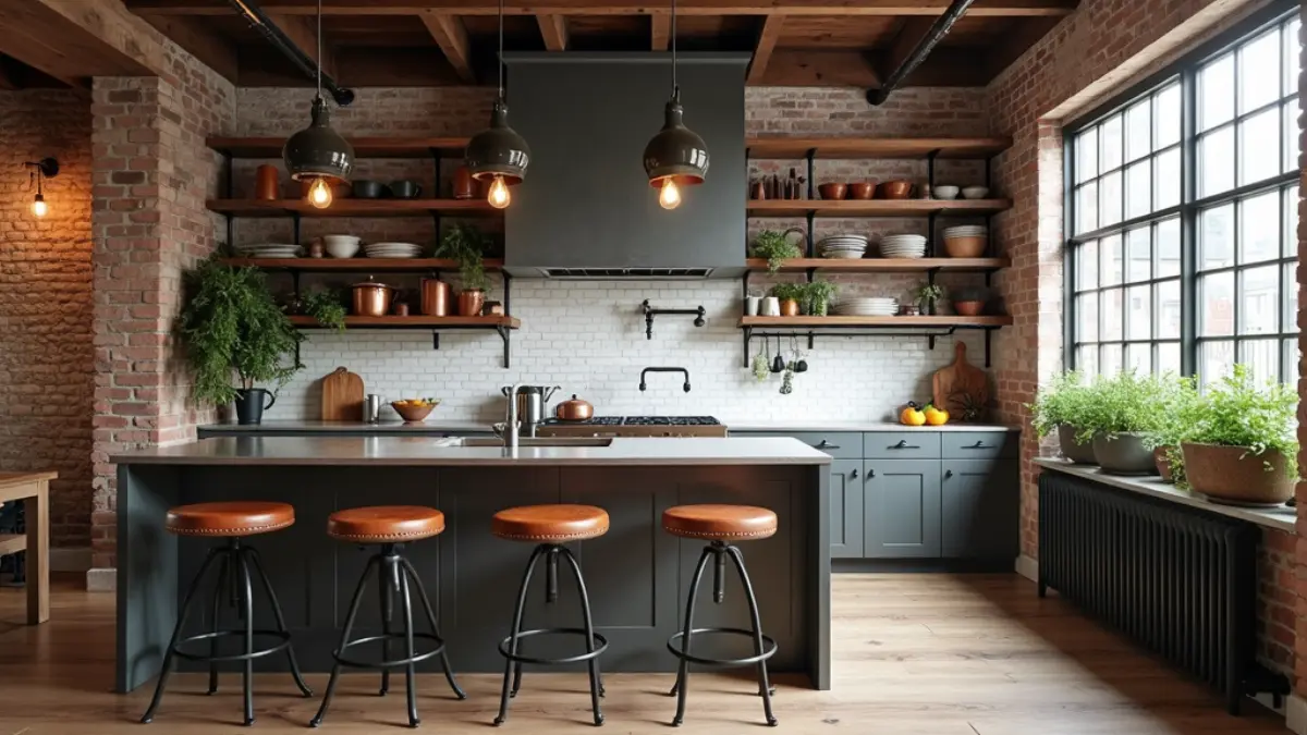 Loft tarzı mutfak - endüstriyel açık raf ve siyah metal detaylar