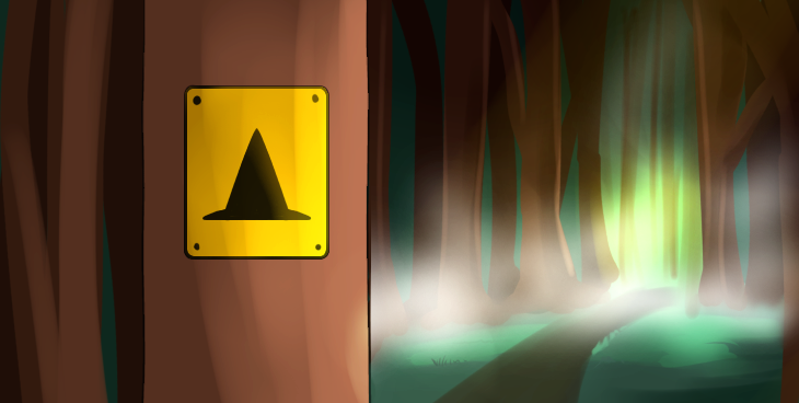 an image of a sign with a witch hat on it in a forest