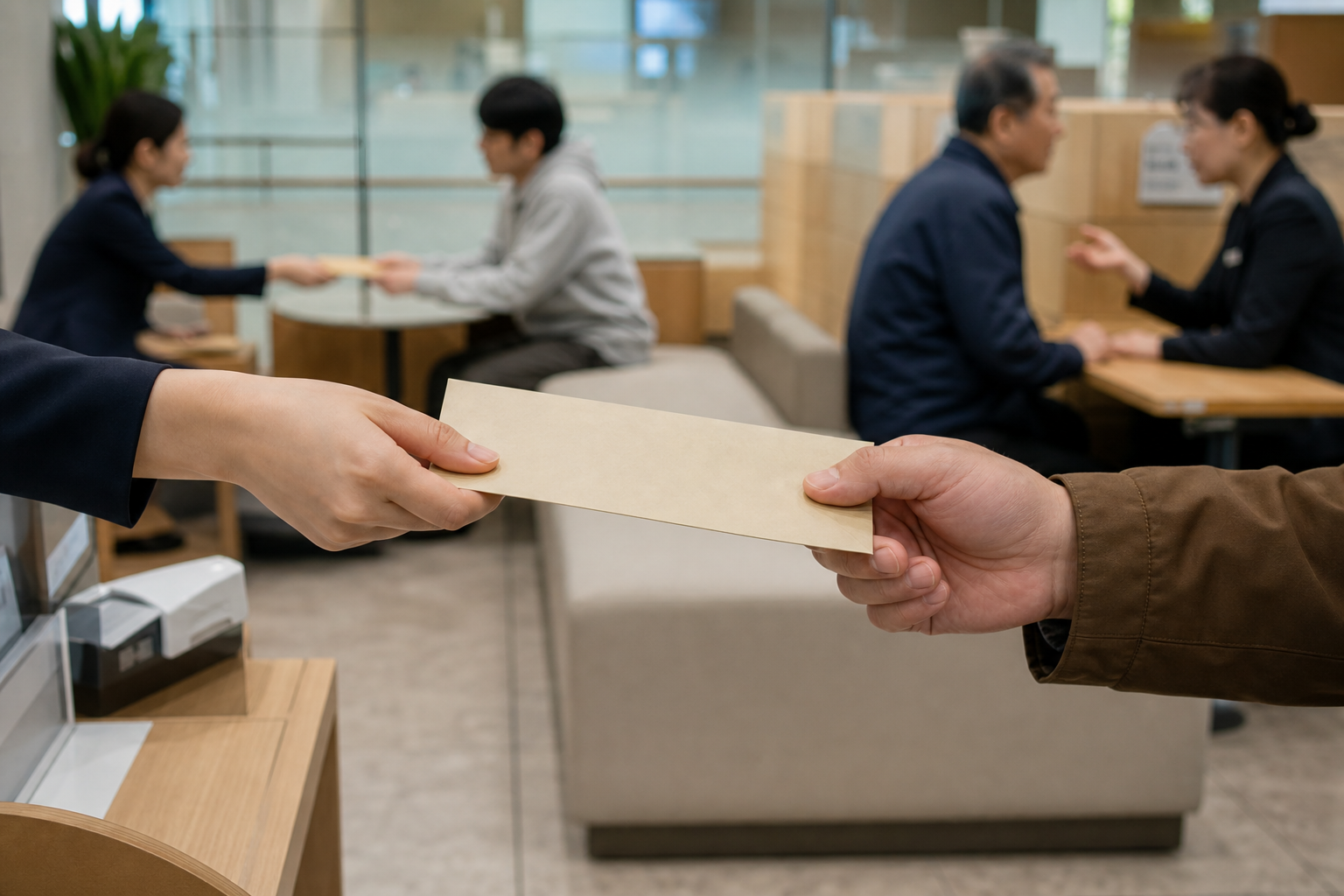 외화현찰 수령과 외화통장 거래가 서로 다른 조건임을 보여주는 은행 장면