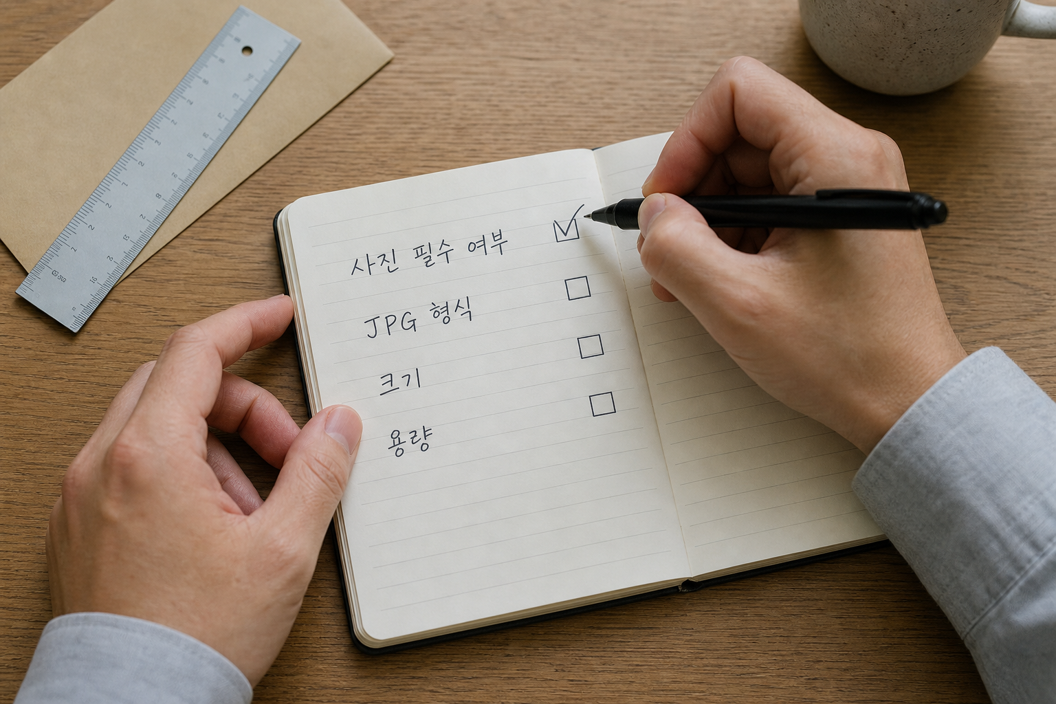 입사지원 전 사진 요구 여부와 파일 규격을 메모하는 구직자