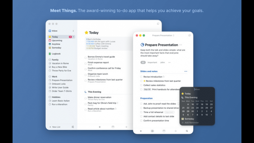Things mac — task list showing projects, the Today view and tags on macOS