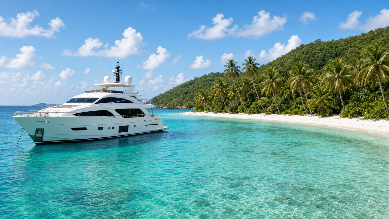 White luxury motor yacht anchored in turquoise water off a palm-lined beach in St. Martin at midday