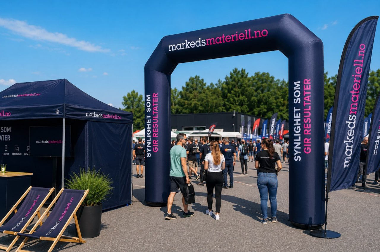 Oppblåsbar portal fra Markedsmateriell.no med folk som går gjennom