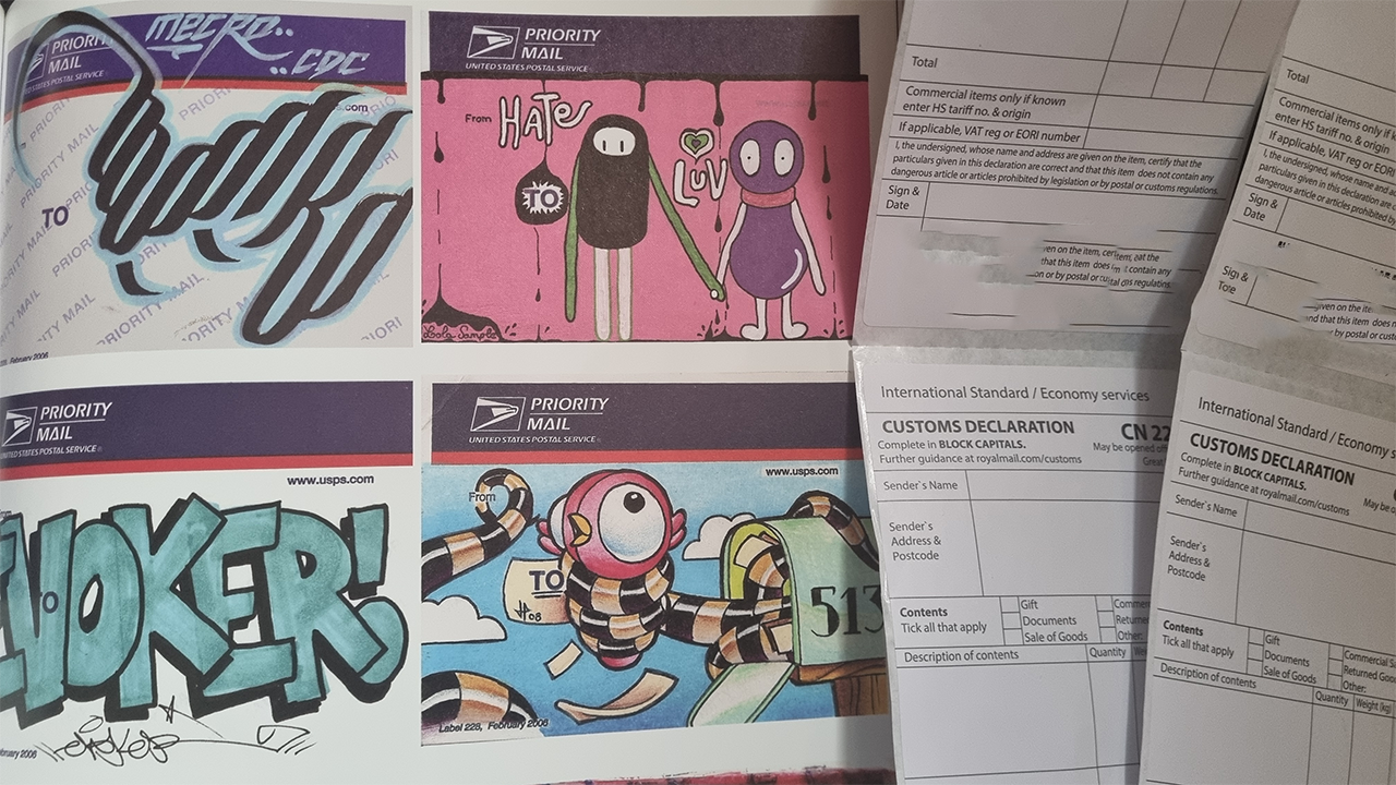 On the left side, a series of stickers drawn on old United States Postal Service Priority Mail stickers. On the right side, blank Royal Mail International Standard / Economy blank stickers.