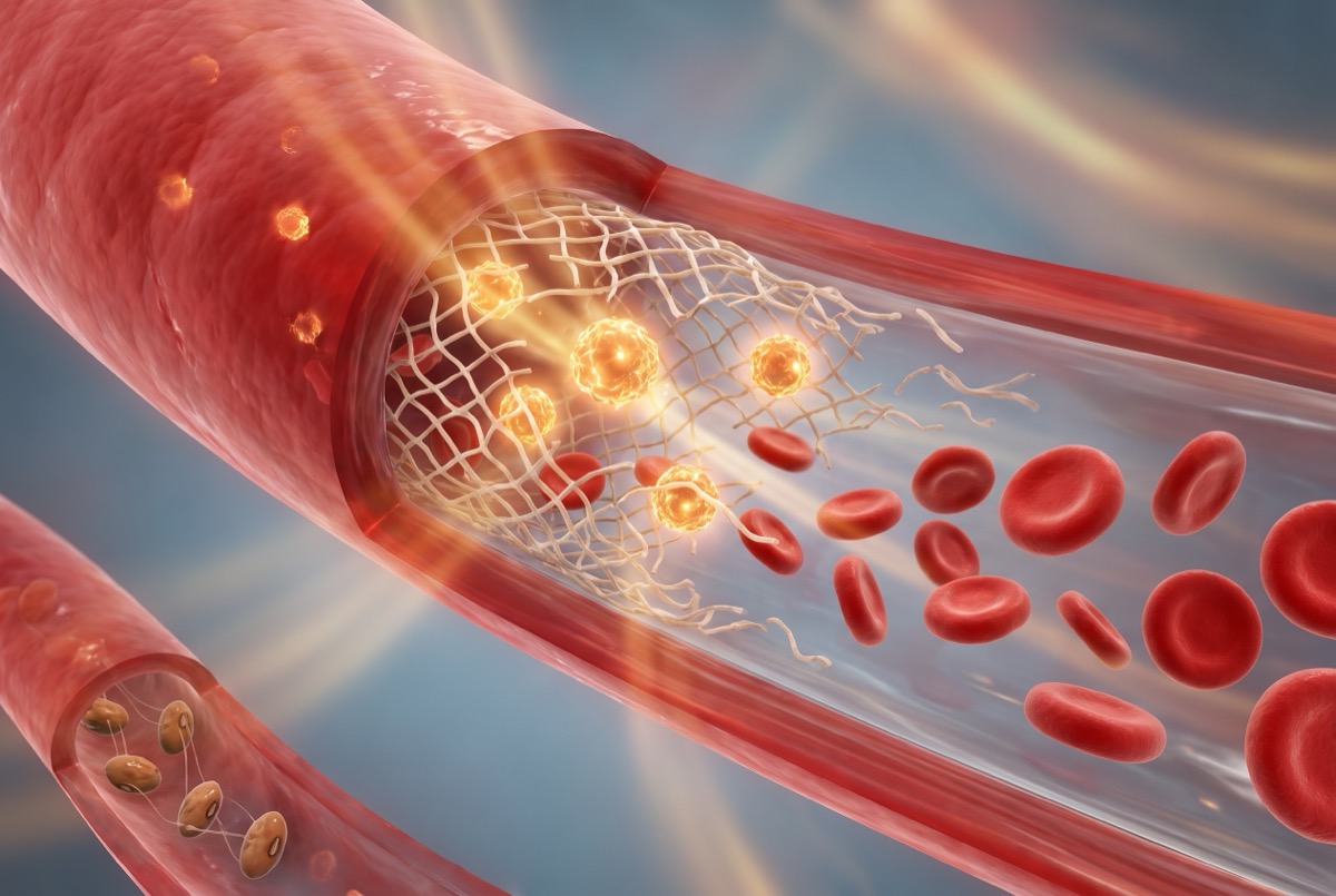 Nattokinase enzyme breaking down the sticky fibrin web inside an artery