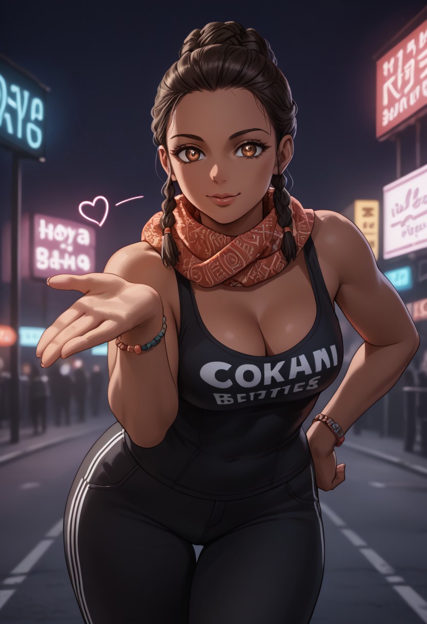 Haruka is wearing sleek black leggings, a low-cut tank top, sneakers and an Afrocentric scarf