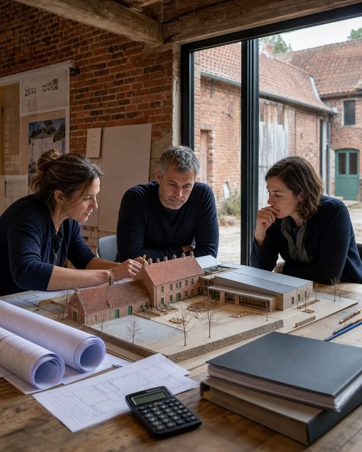 Trois personnes examinent un maquette d'architecture sur une table, entourées de plans, d'un calculateur et de cahiers, devant une grande fenêtre.