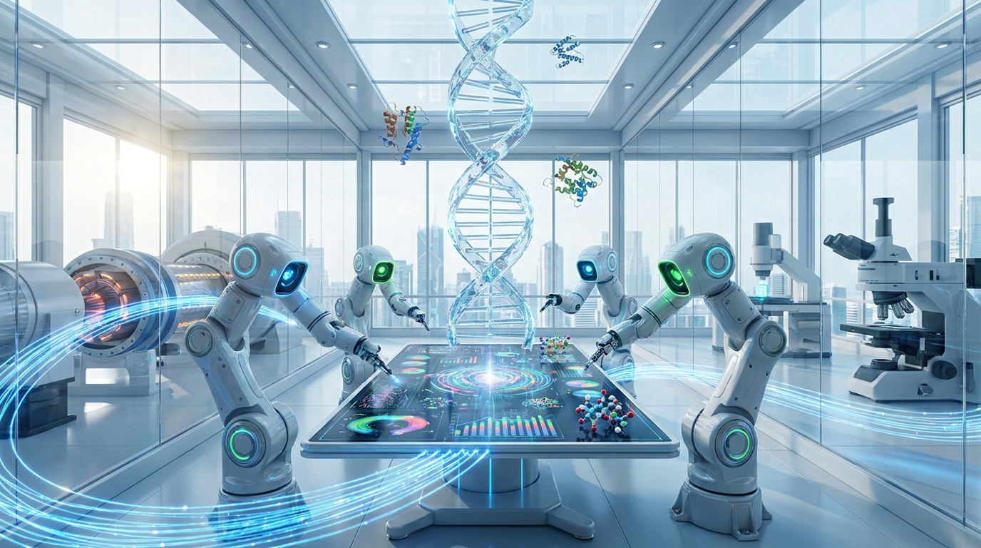 AI agents collaborating on scientific data, showing neural pathways connecting to DNA and protein structures in a futuristic lab, demonstrating AI tools accelerating scientific research.