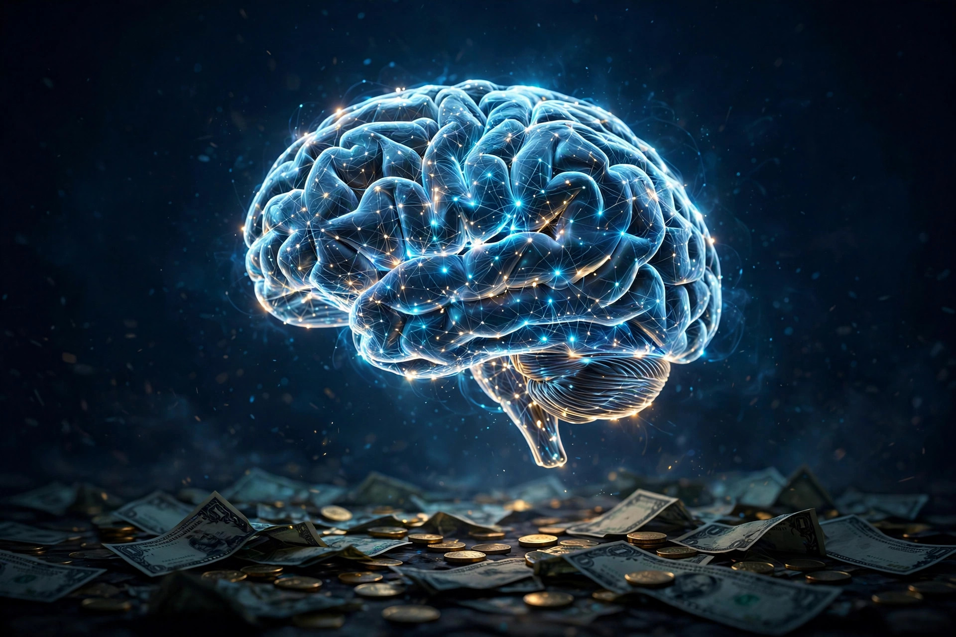 Neural network brain with wealth symbols representing Neural Wealth subconscious reprogramming concept