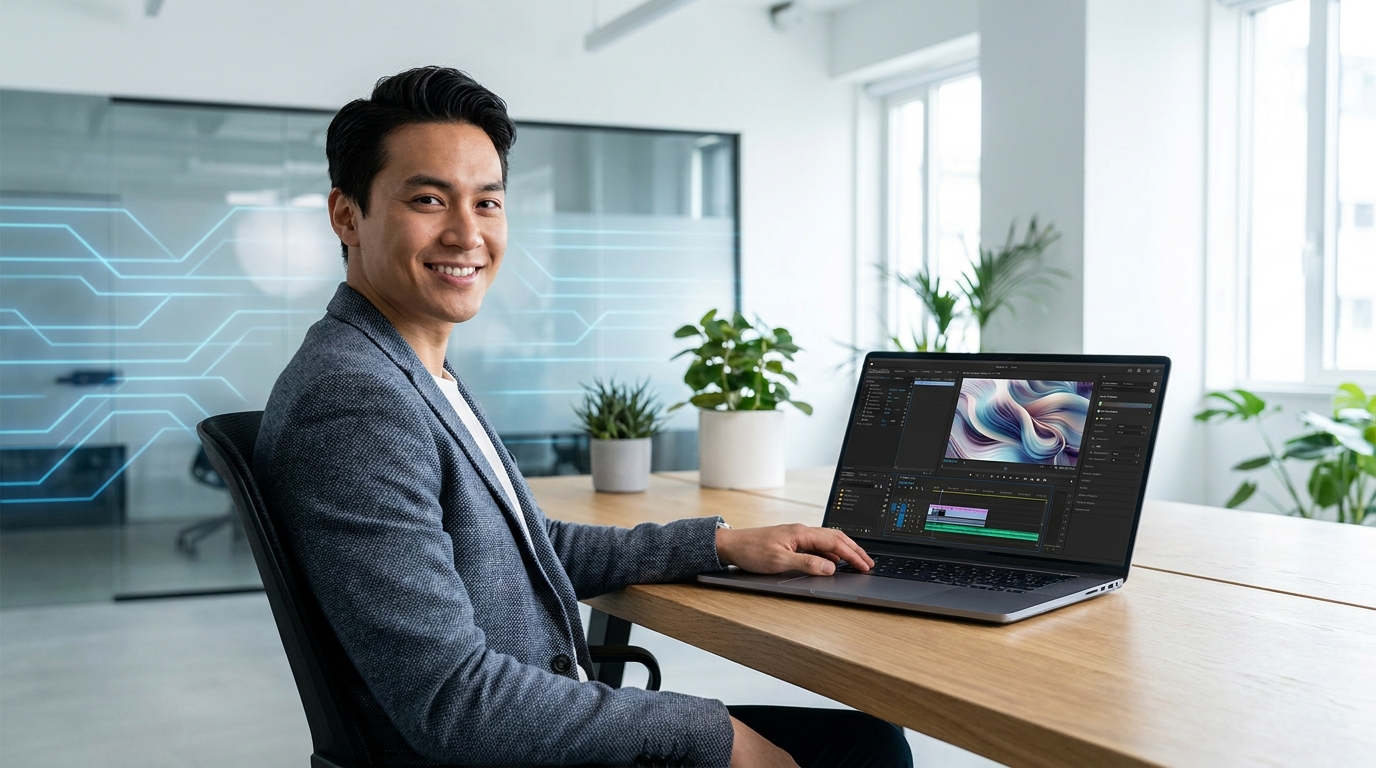 A creator confidently using Gemini Omni Flash Google Vids for AI video editing on a laptop.