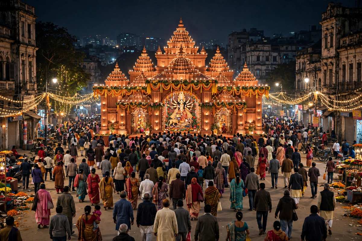रात में रोशनी से सजा कोलकाता का दुर्गा पूजा पंडाल