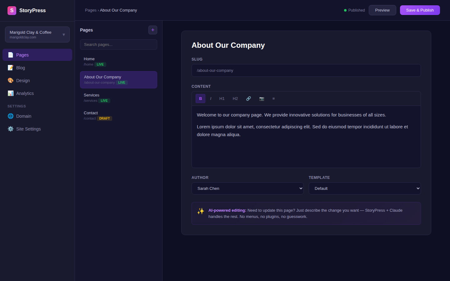 StoryPress editor showing a clean minimal editing interface