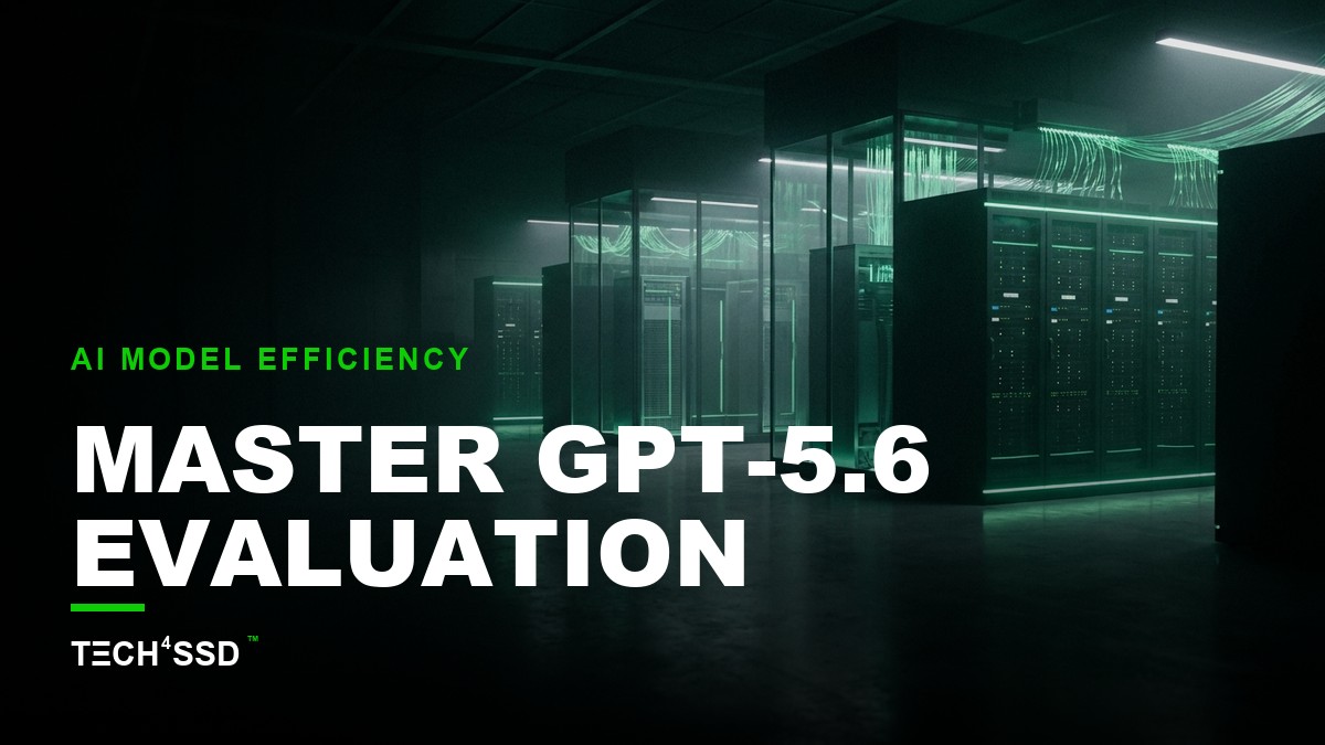 A futuristic digital dashboard displaying performance metrics and cost savings, with 'GPT-5.6 evaluation' prominently featured, against a dark, moody background with subtle neon-green accents.