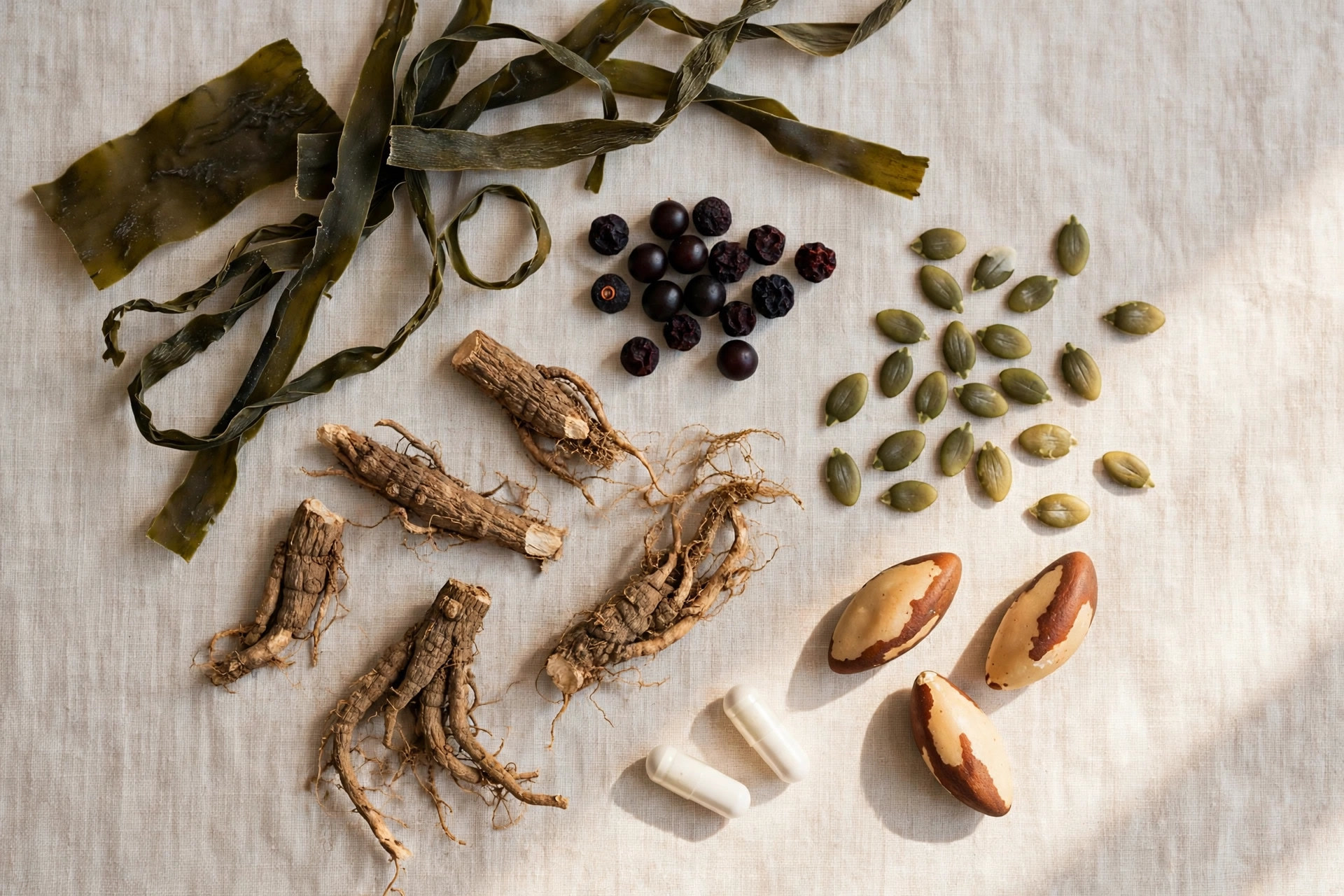 Thyrafemme Balance natural ingredients flat lay with kelp ashwagandha schisandra berries and minerals