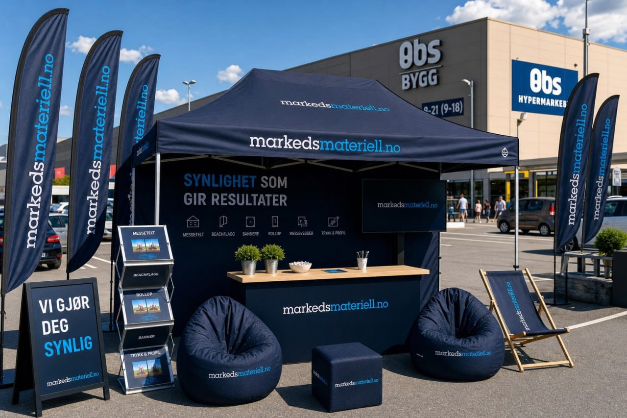 Komplett stand utenfor OBS BYGG varesenter med messetelt og beachflagg